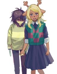 1girl 1other animal_ears antlers beryllium_game black_pants black_shirt black_skirt blonde_hair brown_hair checkered_sweater_vest collared_shirt commentary deer_antlers deer_ears deer_girl deltarune furry furry_female green_sweater green_sweater_vest grey_eyes hair_over_one_eye hashtag-only_commentary highres holding holding_hands holding_knife horns knife kris_(deltarune) noelle_holiday pants red_eyes shirt short_hair simple_background skirt small_sweatdrop striped_clothes striped_sweater sweater sweater_vest white_background