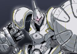 Rule 34 | absurdres, artist name, commentary request, glowing, glowing eye, gundam, gundam gquuuuuux, gyan (gquuuuuux), highres, holding, holding polearm, holding weapon, kerorojuncaod, lance, mecha, mecha focus, missile pod, mobile suit, no humans, one-eyed, pink eyes, polearm, robot, science fiction, shield, simple background, solo, twitter username, weapon, zeon