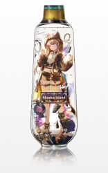 1girl absurdres animal ankh arknights black_cat black_ribbon bottle brown_hair brown_jacket brown_sandals brown_shorts cat closed_mouth coin flower full_body gold grey_background hashtag-only_commentary highres holding holding_coin hood hood_up hooded_jacket in_bottle in_container infection_monitor_(arknights) jacket long_hair long_sleeves looking_at_object midriff neck_ribbon o-ring o-ring_thigh_strap pepe_(arknights) purple_eyes reflection reflective_floor ribbon sandals shorts simple_background solo standing thigh_strap toes two-sided_fabric two-sided_jacket white_flower yellow_jacket yuuki_mix