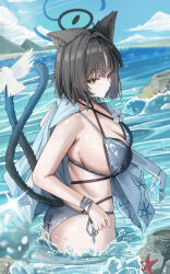 1girl about_fg absurdres animal_ear_fluff animal_ears bakeneko bare_shoulders bikini black_bikini black_eyes black_hair black_tail blue_archive blue_bikini blue_halo blue_sky blue_tail blush breasts cat_ears cat_girl cat_tail cleavage commentary_request criss-cross_straps day from_side gradient_tail hair_intakes halo haori highres japanese_clothes kikyou_(blue_archive) kikyou_(swimsuit)_(blue_archive) large_breasts layered_bikini looking_at_viewer mountain multi-strapped_bikini_bottom multiple_tails ocean short_hair side-tie_bikini_bottom skindentation sky solo starfish swimsuit tail thighs two_tails wading white_haori