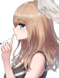 1girl absurdres artist_name blue_eyes breasts brown_hair cleavage closed_mouth commentary eunie_(xenoblade) from_side head_wings highres index_finger_raised large_breasts long_hair looking_at_viewer riro_(breakthrough_rr) simple_background smile solo twitter_username white_background wings xenoblade_chronicles_(series) xenoblade_chronicles_3
