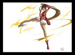 1girl arc_system_works armpits bare_legs boots border breasts brown_eyes brown_hair chinese_clothes detached_sleeves female_focus guilty_gear irving-zero kicking kuradoberi_jam large_breasts long_hair motion_blur panties pantyshot skirt solo underwear upskirt very_long_hair