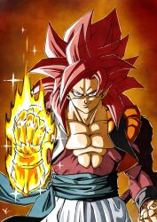 Rule 34 | 1boy, abs, blue eyes, blue sash, body fur, dragon ball, dragon ball gt, dragon ball z dokkan battle, dragon fist (dragon ball), gogeta, highres, kakeru (dbskakeru), long hair, looking at viewer, male focus, metamoran vest, monkey boy, monkey tail, muscular, muscular male, pants, pectorals, red fur, red hair, saiyan, sash, smile, solo, spiked hair, super saiyan, super saiyan 4, tail, white pants