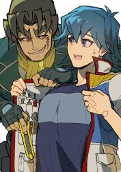 2boys absurdres ascot black_gloves blue_eyes blue_hair blue_shirt boxcutter brown_eyes brown_hair bruno_(yu-gi-oh!) facial_scar fingerless_gloves gloves grin high_collar highres holding holding_boxcutter jacket male_focus multiple_boys nervous open_clothes open_jacket open_vest pocket scar scar_on_cheek scar_on_face screwdriver shirt short_hair simple_background smile sweatdrop t-shirt thick_eyebrows tools ushio_tetsu utility_vest vest white_background wrench youko-shima yu-gi-oh! yu-gi-oh!_5d&#039;s