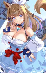 Rule 34 | + +, 1girl, absurdres, almond eye (umamusume), animal ears, bare shoulders, black ribbon, blue dress, blue gloves, blue hair, blunt bangs, blush, bow, braid, breast suppress, breasts, brown hair, buttons, cleavage, closed mouth, collarbone, colored inner hair, commentary request, cowboy shot, detached collar, detached sleeves, double-breasted, dress, ear ornament, fingerless gloves, gloves, hair bow, hair ornament, hair ribbon, hairclip, hand up, highres, horse ears, horse girl, horse tail, large breasts, light smile, long hair, looking at viewer, multicolored hair, red bow, red button, ribbon, short braid, side braid, sidelocks, single braid, skirt, sleeve bow, smile, solo, sparkling eyes, straight hair, tail, tatsumi yashiro, thick eyelashes, two-tone hair, umamusume, white bow, white skirt, white sleeve cuffs, yellow bow