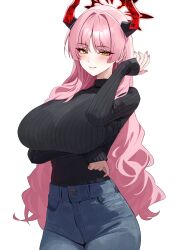 1girl absurdres alternate_costume arm_under_breasts black_sweater blue_archive blue_pants blush breasts closed_mouth commentary_request cowboy_shot demon_girl demon_horns denim fingernails hair_intakes halo hand_up high-waist_pants highres holika_baby horns huge_breasts jeans long_hair looking_at_viewer nail_polish pants parted_bangs pink_hair pink_nails red_halo red_horns ribbed_sweater satsuki_(blue_archive) simple_background smile solo sweater turtleneck turtleneck_sweater very_long_hair white_background yellow_eyes