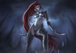 1girl armlet armor bikini blue_eyes blue_lips breasts captdiablo cleavage commentary dark dark_eldar dark_elf elf english_commentary eye_tattoo full_body hair_weapon helmet highres holding holding_polearm holding_weapon hot jewelry lelith_hesperax lips long_hair pale_skin pauldrons pointy_ears polearm ponytail red_hair shoulder_armor sidelocks single_pauldron solo spear spiked_armor spiked_legwear standing swimsuit thighhighs toe_ring vambraces very_long_hair warhammer_40k weapon