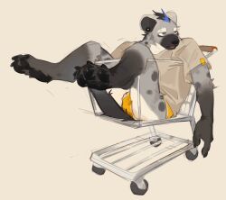 arknights black_hair claws commentary dog_nose duolai8 ear_piercing english_commentary eyebrow_piercing grey_fur highres hyena_boy hyena_ears hyena_tail in_shopping_cart lying male_focus male_underwear multicolored_hair no_pants open_mouth pawpads piercing shirt shopping_cart simple_background spot_(arknights) spotted_fur streaked_hair underwear yellow_male_underwear