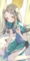 1girl bent_v black_shoes black_shorts blonde_hair blush china_dress chinese_clothes cleavage_cutout clothing_cutout commentary_request curtains dress flat_chest floral_dress floral_print floral_print_dress gakuen_idolmaster green_dress hair_ornament highres idolmaster long_hair looking_at_viewer ningen_mame orange_eyes pelvic_curtain print_dress shinosawa_hiro shoes short_sleeves shorts smile solo thighs v window