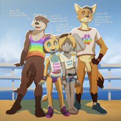 4boys age_difference apis backwards_hat blonde_hair bottomless bulge dunsparce elephant_boy fangs flaccid fox_boy furry gen_2_pokemon glasses_on_head hat highres lgbt_pride multiple_boys nintendo nipple_slip nipples one_eye_closed otter_boy pectoral_cleavage pectorals penis penis_peek pokemon pokemon_(creature) public_indecency shoes short_shorts shorts shota size_difference slippers tail tank_top testicles wink yaoi