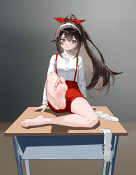 Rule 34 | 1girl, absurdres, barefoot, blush, brown hair, desk, feet, fu nan lao bai he naicha, grey eyes, hairband, highres, long hair, looking to the side, ponytail, ruirui (taozhu tongshu), school desk, socks, soles, taozhu tongshu, toes, unworn socks, white socks