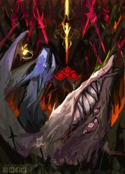 battle colored_sclera eldritch_abomination enryu extra_eyes eye_print fang giant giant_monster highres holding holding_weapon horns lunaticmoonart monster multiple_weapons original polearm red_eyes red_sclera ruins sharp_teeth short_hair spear teeth torn tower_of_god weapon white_eyes