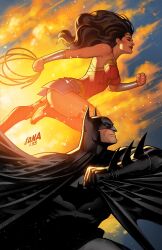1boy 1girl bare_shoulders batman batman_(series) bead_bracelet beads black_cape black_gloves black_hair bodysuit boots bracelet breasts cape david_nakayama dc_comics gloves grey_bodysuit highres holding_lasso jewelry lasso lasso_of_truth long_hair medium_breasts strapless superhero_costume wonder_woman wonder_woman_(series)