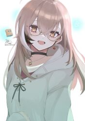 Rule 34 | 1girl, :d, ahoge, berry, black choker, boku mesha3b, brown eyes, brown hair, brown hoodie, choker, crossed bangs, earrings, food-themed earrings, friend (nanashi mumei), glasses, highres, hololive, hololive english, hood, hoodie, jewelry, long hair, looking at viewer, multicolored hair, nanashi mumei, nanashi mumei (casual), necklace, open mouth, oversized clothes, red shirt, round eyewear, shirt, smile, streaked hair, sweater, upper body, virtual youtuber, white sweater