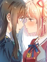 2girls absurdres aqua_ribbon bad_id bad_pixiv_id black_hair blonde_hair blue_jacket blue_ribbon blurry blush breasts buttons closed_mouth collared_shirt commentary_request depth_of_field dress face-to-face from_side hair_ribbon highres inoue_takina jacket jewelry light_particles long_hair looking_at_another lycoris_recoil lycoris_uniform medium_breasts multiple_girls neck_ribbon necklace nishikigi_chisato one_side_up orange_eyes parted_lips pendant profile purple_eyes red_jacket red_ribbon ribbon rococomm123 shirt short_hair sidelocks simple_background sweatdrop teeth two-tone_dress upper_body upper_teeth_only white_background white_shirt yuri