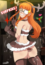 1girl absurdres anal anal_beads anal_object_insertion anal_tail animal_ears antlers ass brown_gloves brown_skirt brown_thighhighs butt_plug christmas fake_animal_ears fake_antlers fake_tail female_focus glasses gloves highres horns karbuitt long_hair megami_tensei mistletoe object_insertion one_eye_closed orange_hair persona persona_5 reindeer_antlers sakura_futaba sex_toy skirt solo strapless tail thighhighs tube_top wink