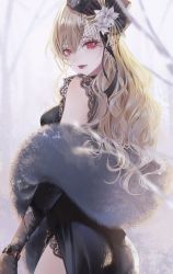 1girl ass black_dress black_gloves black_hat blonde_hair blurry bracelet branch breasts commentary cowboy_shot depth_of_field dress earrings elbow_gloves english_commentary eyelashes eyeshadow from_behind from_side fur_shawl fur_trim gem gloves hair_ribbon hat highres jewelry lace lace-trimmed_dress lace_trim lipstick long_hair looking_at_viewer looking_back magako makeup mole mole_on_arm mole_under_mouth original parted_lips red_eyes red_lips ribbon see-through_clothes shawl side_slit sleeveless sleeveless_dress slit_pupils snow solo striped_ribbon wavy_hair