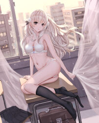 1girl backlighting black_socks blonde_hair blush bra breasts building chair cityscape classroom cleavage closed_mouth collarbone commentary curtain_grab curtains desk english_commentary expressionless falling_petals floating_hair flower full_body fuyusaka_iori grey_eyes hair_flower hair_ornament highres holding_curtain indoors juusan_kihei_bouei_ken light_particles long_hair looking_at_viewer medium_breasts navel on_desk open_window panties partially_undressed petals school_chair school_desk shadow sitting socks solo thighs underwear white_background white_bra white_panties wind window yuzuriha_(atelier_liang)