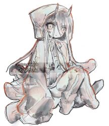1girl coat commentary_request full_body grey_eyes grey_hair highres hood hood_up horns knees_up korean_commentary long_hair looking_at_viewer original senmaze simple_background sitting sleeves_past_wrists solo tentacle_hair tentacles very_long_sleeves white_background