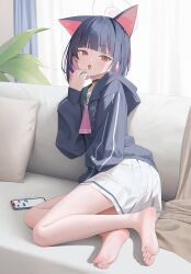 Rule 34 | 1girl, aya (lezon), barefoot, black choker, black hair, black jacket, blue archive, blunt bangs, blunt ends, choker, colored inner animal ears, colored inner hair, food, green sailor collar, highres, holding, holding food, jacket, kazusa (blue archive), looking at viewer, macaron, multicolored hair, pink eyes, sailor collar, short hair, sidelocks, skirt, soles, solo, two-tone hair, white skirt