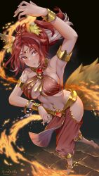 1girl afk_(series) afk_journey animal_ears arm_up armpits bare_shoulders bikini bikini_top_only bracelet breasts brooch cleavage dancer fire fox_ears fox_tail gold_trim harem_outfit harem_pants highres hip_vent jewelry large_breasts long_hair looking_at_viewer midriff natsume_koji navel navel_piercing pants piercing ponytail red_bikini red_eyes red_hair satrana_(afk) solo swimsuit tail