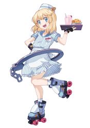 1boy absurdres androgyne_symbol bare_legs bbhdrrr black_gloves blonde_hair blue_eyes bridget_(guilty_gear) cuffs fingerless_gloves food gloves guilty_gear guilty_gear_strive hand_on_own_hip handcuffs highres holding holding_tray leg_up name_tag open_mouth plate potato_wedges roller_skates short_sleeves simple_background skates solo trap tray waiter white_background