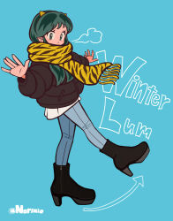 alternate_costume animal_print arrow_(symbol) artist_name balancing black_boots black_coat block_heels blue_background boots breath character_name coat cold cone_horns denim facing_to_the_side fashion full_body green_eyes green_hair high_heel_boots high_heels horns jeans leaning_back leg_up long_hair long_sleeves looking_at_viewer lum norixio outstretched_arms pants print_scarf puffy_coat scarf shirt small_horns standing standing_on_one_leg striped_horns tiger_print urusei_yatsura white_shirt winter winter_clothes winter_coat yellow_horns yellow_scarf zipper_footwear