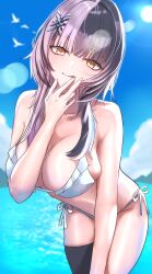 1girl :q absurdres bikini bird black_hair black_thighhighs blue_sky breasts day grey_hair hair_ornament hand_up highres hololive hololive_english jomizumi large_breasts looking_at_viewer multicolored_hair ocean outdoors shiori_novella side-tie_bikini_bottom single_thighhigh sky solo split-color_hair sun swimsuit thighhighs tongue tongue_out two-tone_hair virtual_youtuber white_bikini yellow_eyes