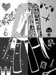 2girls 39 armband arms_at_sides boots chibi chibi_inset collared_shirt contrapposto copyright_request creature crescent detached_sleeves double_v english_text ghost greyscale hair_ornament hatsune_miku heart inverted_colors jisatsu-bushi_(vocaloid) jitome japanese_text loose_necktie miku_day monochrome multiple_girls multiple_others multiple_views musical_note necktie no_mouth no_nose noose photo_(object) qiu_ye_yuan red_armband rolling_girl_(vocaloid) shirt skirt sleeveless sleeveless_shirt sleeves_past_fingers sleeves_past_wrists spot_color syringe teardrop thigh_boots twintails unknown_mother_goose_(vocaloid) v vocaloid |_|