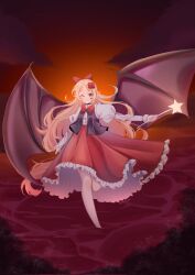 1girl afloat artist_name bat_wings blonde_hair bow echoneechan elis_(touhou) facial_mark flower hair_bow hair_flower hair_ornament highres long_hair long_sleeves ocean one_eye_closed pointy_ears red_bow red_skirt shirt skirt smile solo standing standing_on_one_leg star_(symbol) touhou touhou_(pc-98) vest wading wand white_shirt wings