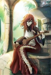 Rule 34 | 1girl, commentary, cross-laced slit, devola, dress, fountain, highres, holding, holding instrument, in-universe location, instrument, instrument request, long hair, nier, nier (series), outdoors, red dress, red hair, sitting, sleeves past wrists, solo, wavy hair, wide sleeves, zorb11s
