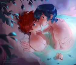 2boys bishounen blue_eyes blue_hair fire_emblem fire_emblem:_shadow_dragon_and_the_blade_of_light fire_emblem:_the_binding_blade leaf looking_at_viewer marth_(fire_emblem) meep multiple_boys nintendo onsen partially_submerged red_hair rock roy_(fire_emblem) short_hair water wet yaoi