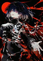 1boy black_background ear_piercing earrings highres jewelry last_defense_academy_school_uniform long_hair looking_at_viewer male_focus open_mouth outstretched_arm outstretched_hand piercing pink_eyes purple_hair red_background simple_background solo solo_focus teeth the_hundred_line_-last_defense_academy- tsukumo_ima upper_teeth_only
