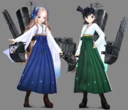10s 2girls 3d asakaze_(kancolle) black_hair blue_eyes blue_hakama boots bow brown_hair furisode green_eyes green_hakama grey_background hair_bow hakama hakama_skirt hat highres japanese_clothes kantai_collection kimono knee_boots lace-up_boots light_brown_hair long_hair looking_at_viewer matsukaze_(kancolle) meiji_schoolgirl_uniform mini_hat mini_top_hat multiple_girls parted_bangs ponpu-chou short_hair sidelocks skirt smokestack standing top_hat wavy_hair