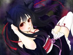 Rule 34 | black hair, black kimono, hair ornament, hair ribbon, japanese clothes, kimono, kimono skirt, machine-doll wa kizutsukanai, obi, red ribbon, ribbon, sash, short kimono, short yukata, thighhighs, white thighhighs, yaya (machine-doll), yukata