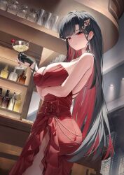 1girl absurdres arm_under_breasts bar_(place) bare_shoulders black_gloves black_hair blush bottle breasts building ceiling_light cherry cleavage colored_inner_hair commentary cup dress dutch_angle earrings flower flower_dress food from_below from_side fruit gloves hair_ornament hand_up highres holding holding_cup illian-san indoors jewelry large_breasts light_particles long_hair looking_at_viewer multicolored_hair nail_polish night night_sky original partially_fingerless_gloves red_dress red_eyes red_flower red_hair red_nails side_slit single_earring single_glove sky skyscraper sleeveless sleeveless_dress smile solo standing very_long_hair window