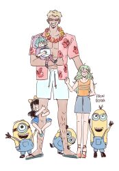 Rule 34 | 1boy, 3girls, aqua hair, arms up, avaxxah, baby 5, black hair, blonde hair, blue shorts, carrying, carrying person, commentary, donquixote doflamingo, earrings, english commentary, floral print, flower, flower necklace, full body, glasses, green hair, highres, jewelry, leg hair, minion (despicable me), minions (movie), monet (one piece), multiple girls, necklace, one piece, orange tank top, sandals, shorts, simple background, smile, sugar (one piece), sunglasses, tank top, white background