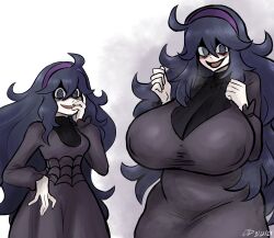 Rule 34 | 1girl, @ @, absurdres, ahoge, breast expansion, breasts, covered erect nipples, dress, female focus, hex maniac (pokemon), highres, huge breasts, long hair, looking at viewer, matching hair/eyes, medium breasts, nintendo, plump, pokemon, pokemon xy, purple eyes, purple hair, solo, videajames