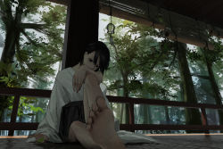 1girl 3d aliasing barefoot black_eyes black_hair black_hakama day female_focus foreshortening hakama hakama_skirt highres indoors japanese_clothes knee_up leaf long_sleeves original scenery skirt solo tacshojosora tree wide_sleeves wind_chime window_blinds