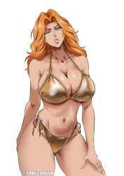 1girl absurdres bikini bleach blue_eyes breasts cleavage collarbone gold_bikini golden_week golden_week_bikini highleg highleg_bikini highres huge_breasts kubo_tite_(style) large_breasts long_hair looking_at_viewer matsumoto_rangiku mole mole_under_mouth navel orange_hair rakusakugk satin_bikini shiny_swimsuit side-tie_bikini_bottom simple_background solo stomach string_bikini swimsuit thighs twitter_username white_background