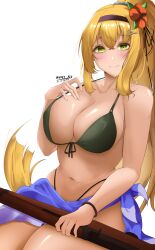 1girl bare_shoulders bikini blonde_hair blush bolt_action bracelet breasts brown_hairband cleavage closed_mouth collarbone dated feet_out_of_frame flower girls&#039;_frontline green_bikini green_eyes gun hair_flower hair_ornament hair_ribbon hairband hairclip hand_on_own_chest highres holding holding_gun holding_weapon jewelry large_breasts long_hair looking_at_viewer m1_garand m1_garand_(beach_princess)_(girls&#039;_frontline) m1_garand_(girls&#039;_frontline) navel official_alternate_costume ponytail ribbon rifle sidelocks simple_background sitting smile solo sp4rk swimsuit twitter_username weapon white_background