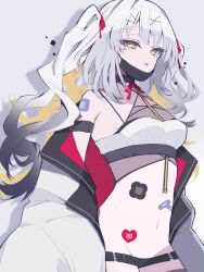 1girl bare_shoulders blonde_hair breasts colored_inner_hair fate/grand_order fate_(series) gradient_hair grey_hair highres i10_ksw jacket long_hair long_sleeves looking_at_viewer marie_antoinette_(fate) marie_antoinette_alter_(fate) mask medium_breasts mouth_mask multicolored_hair navel off_shoulder sidelocks solo sports_bra thighs tongue tongue_out white_hair white_jacket white_sports_bra yellow_eyes