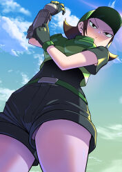 1girl absurdres breasts brown_eyes brown_hair character_request closed_mouth cloud creatures_(company) game_freak gloves green_gloves green_hat hat highres long_hair nintendo pokemon pokemon_ranger solo toku_sonchou upshorts