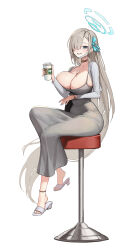 1girl absurdres alternate_costume anklet asuna_(blue_archive) bar_stool blonde_hair blue_archive blue_eyes blue_halo blue_nails blue_ribbon blush breasts cardigan cleavage coffee cropped_jacket cup disposable_coffee_cup disposable_cup dongtan_dress dress grey_dress grin hair_over_one_eye hair_ribbon halo highres holding holding_cup jewelry large_breasts long_hair looking_at_viewer mask meme_attire mole mole_on_breast mouth_mask nail_polish necklace no_bra on_stool puka_(oni) revision ribbon sidelocks sitting slippers smile solo stool surgical_mask tight_clothes tight_dress toenail_polish toenails very_long_hair white_cardigan white_mask white_slippers