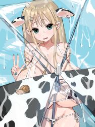 Rule 34 | 1girl, animal ears, animal print, aqua eyes, between breasts, bfmelu, bikini, blonde hair, blue background, blue nails, blush, breasts, cleavage, cow ears, cow girl, cow horns, cow print, cow print bikini, earrings, fang, gigantic breasts, hair ornament, hairclip, highres, horns, huge breasts, jewelry, long hair, mole, mole on thigh, mole under eye, open mouth, original, print bikini, side-tie bikini bottom, snail, solo, standing, swimsuit, thigh gap, transparent, transparent umbrella, umbrella, w, wet
