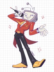 1boy ant_tenna artist_name black_pants commentary crt deltarune english_commentary full_body gloves grid_background highres holding holding_microphone male_focus microphone necktie object_head pants pointy_nose shoes smile solo sparkle starrjoy tailcoat teeth white_background white_gloves yellow_necktie yellow_shoes