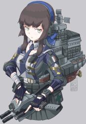 Rule 34 | 1girl, adapted turret, ammunition pouch, blue eyes, blue hairband, blue ribbon, blunt sidelocks, boushi-ya, brown hair, freckles, french flag, hairband, headphones, highres, holding, holding turret, kantai collection, looking at viewer, mogador (kancolle), mogador kai (kancolle), necktie, pouch, purple necktie, radio, ribbon, rigging, sidelocks, solo, trigger discipline, turret, upper body, watch, wristwatch