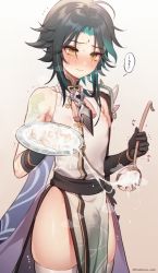 &quot;sweet_dream&quot;_(genshin_impact) 1boy ahoge arm_tattoo bead_necklace beads black_gloves black_hair blush bulge closed_mouth covered_erect_nipples cum cum_on_food facial_mark food forehead_mark genshin_impact gloves gradient_hair green_hair haruya_(lajoon) holding holding_ladle holding_plate jewelry ladle male_focus multicolored_hair necklace nose_blush pelvic_curtain plate simple_background solo suggestive_fluid sweat tassel tattoo tears thighhighs thighs trap trembling white_thighhighs xiao_(genshin_impact) yellow_eyes