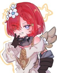 Rule 34 | 1girl, angel wings, aru mi0976, black gloves, blue eyes, commentary request, cross-shaped pupils, dress, eyes visible through hair, flower, gloves, hair flower, hair ornament, hair over one eye, honkai: star rail, honkai (series), pointy ears, red hair, short hair, smug, solo, star (symbol), star symbol background, symbol-shaped pupils, trianne (honkai: star rail), white background, white dress, wings