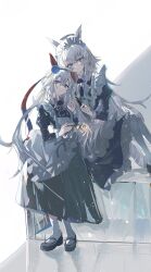 2girls animal_ears apron blue_eyes character_request dr_p_a grey_hair hair_between_eyes highres horse_ears horse_girl long_hair maid maid_apron maid_headdress multiple_girls oguri_cap_(umamusume) tamamo_cross_(umamusume) umamusume white_apron white_background white_headdress